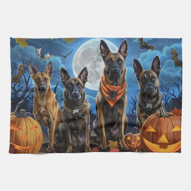 Belgisk Malinoi Halloween Kuslig Kökshandduk (Horisontell)