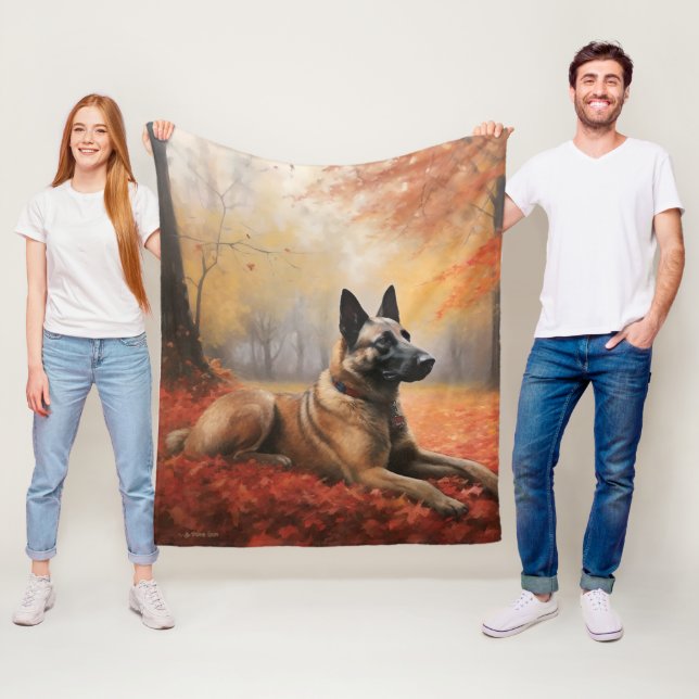 Belgisk Malinoi i höstlöv Fall Inspire Fleecefilt (På plats)