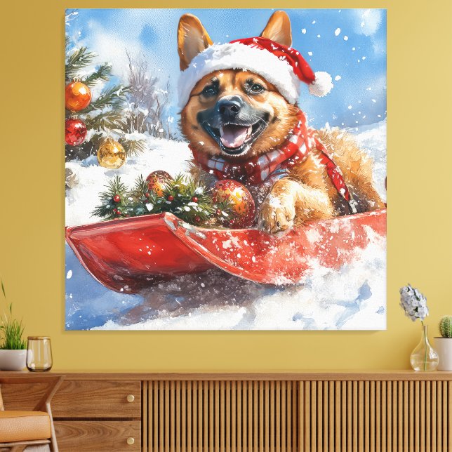 Belgisk Malinoi i släde Låt det snöa jul Canvastryck (Insitu (Vardagsrum))