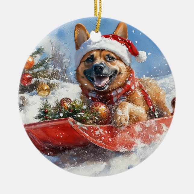 Belgisk Malinoi i släde Låt det snöa jul Julgransprydnad Keramik (Framsidan)