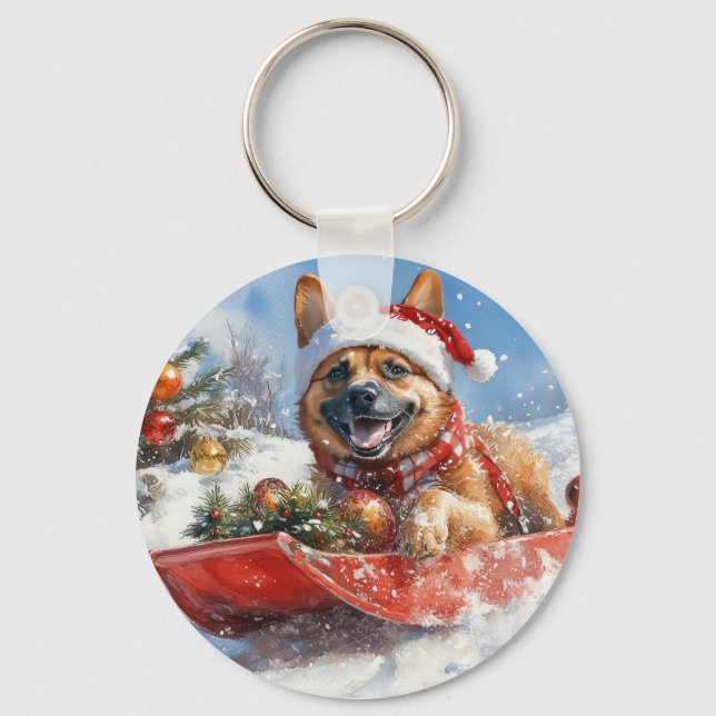 Belgisk Malinoi i släde Låt det snöa jul Nyckelring (Framsida)