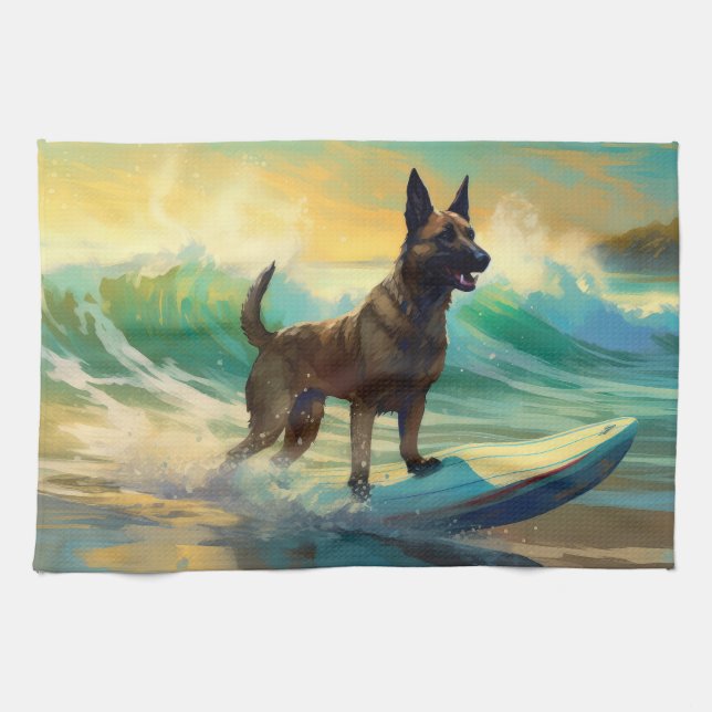 Belgisk Malinoi Strand Surfing Målning Kökshandduk (Horisontell)