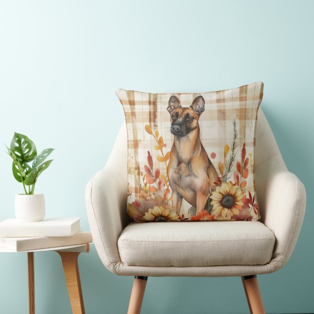 Belgisk Malinois Hund Fall Akvarell Blommor Kudde (Stol)