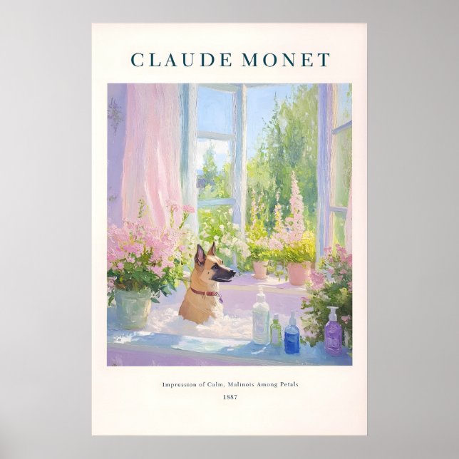 Belgisk Malinois Hund i Badkar Konsttryck Monet Poster (Framsidan)