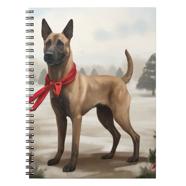 Belgisk Malinois Hund i Snö Jul Anteckningsbok (Framsidan)