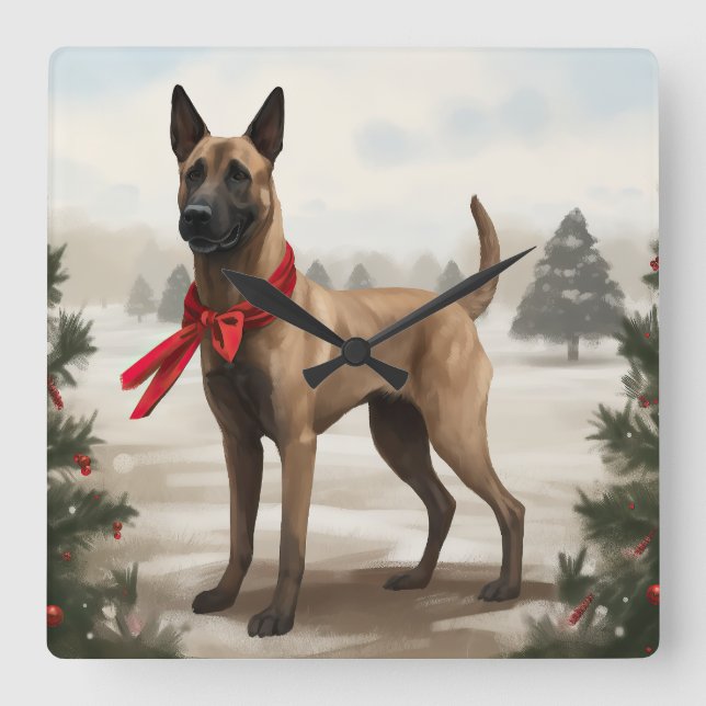 Belgisk Malinois Hund i Snö Jul Fyrkantig Klocka (Framsida)