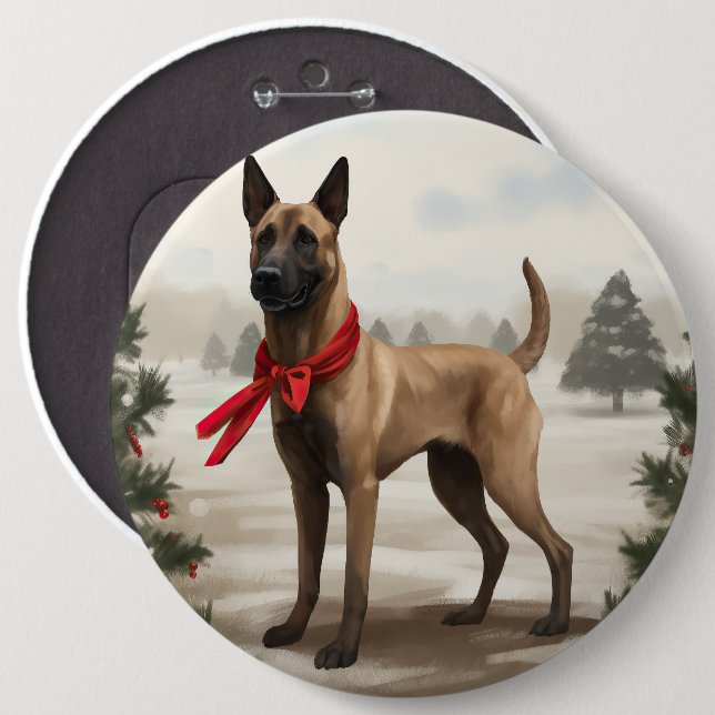 Belgisk Malinois Hund i Snö Jul Knapp (Framsida & baksida)