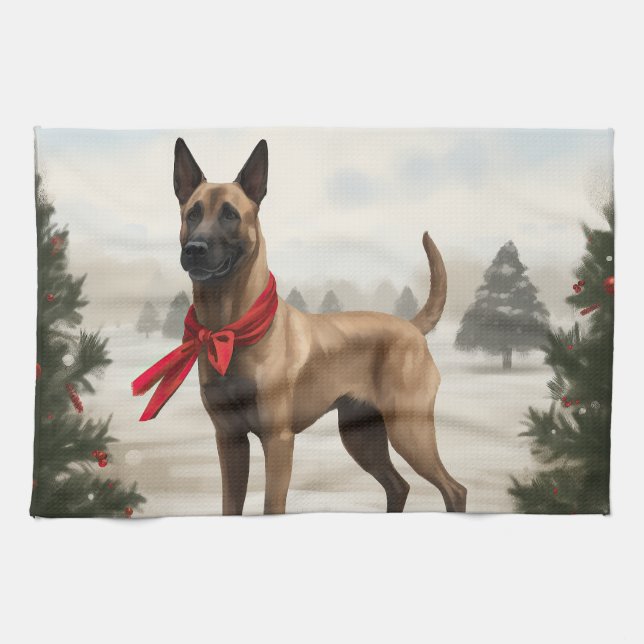 Belgisk Malinois Hund i Snö Jul Kökshandduk (Horisontell)