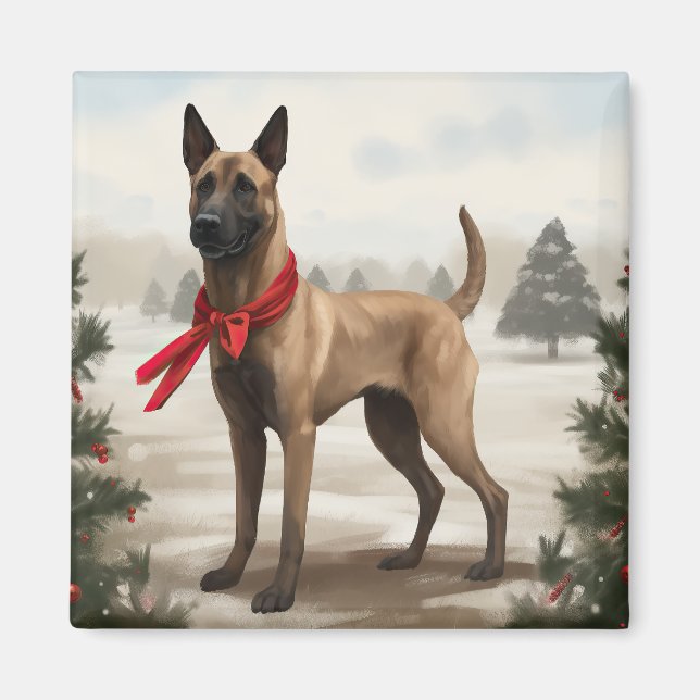Belgisk Malinois Hund i Snö Jul Magnet (Framsidan)