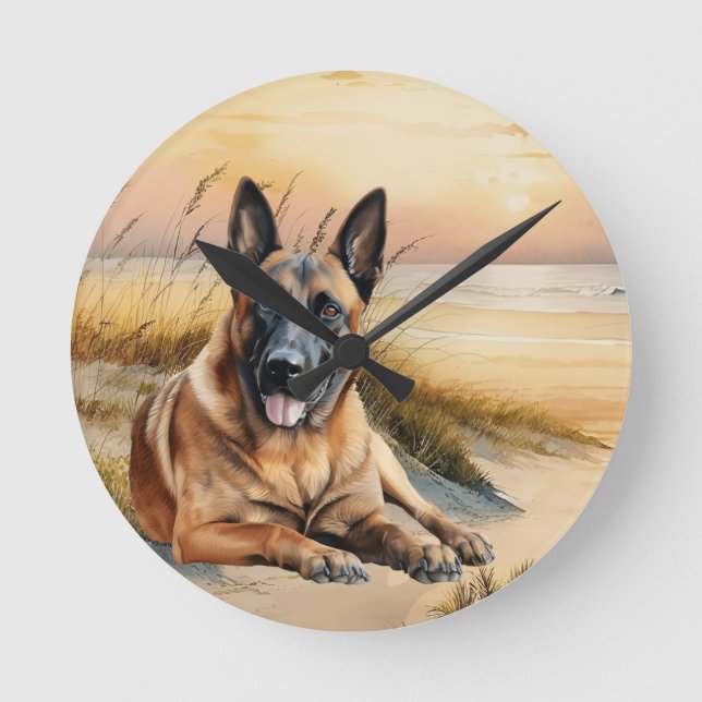 Belgisk Malinois Hundälskare Sandstrand Rund Klocka (Framsida)