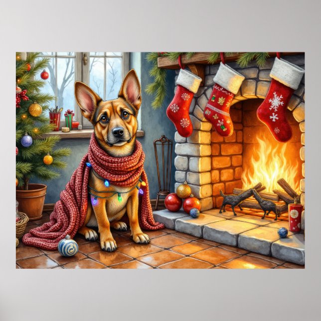 Belgisk Malinois Kamin med julbelysning Poster (Framsidan)