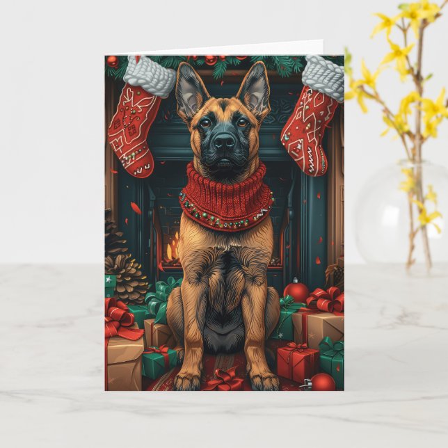 Belgisk Malinois med julklappar öppen spis  Kort (Gul blomma)