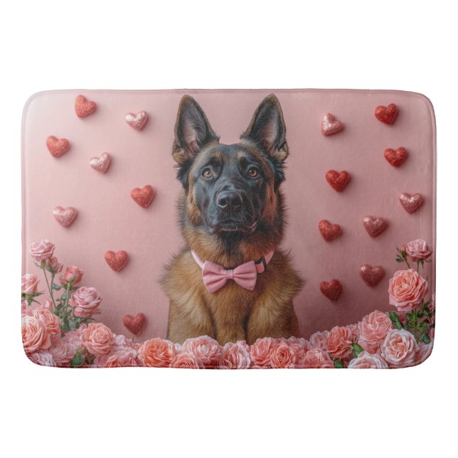 Belgisk Malinois med rosor - Alla hjärtans dag  Badrumsmatta (Framsidan)