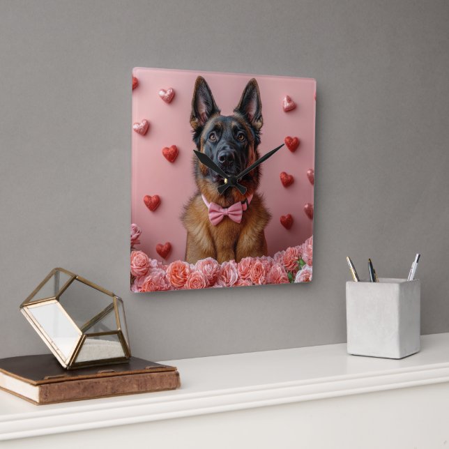Belgisk Malinois med rosor - Alla hjärtans dag  Fyrkantig Klocka (Kontor)