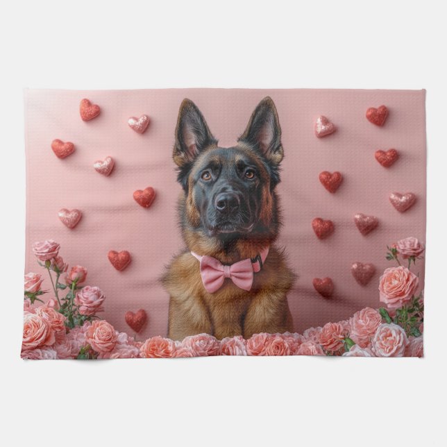 Belgisk Malinois med rosor - Alla hjärtans dag  Kökshandduk (Horisontell)