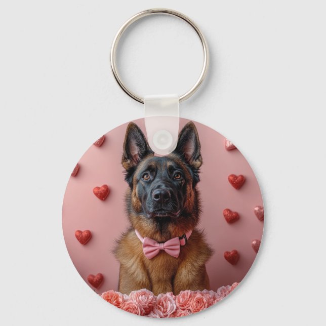 Belgisk Malinois med rosor - Alla hjärtans dag  Nyckelring (Framsida)