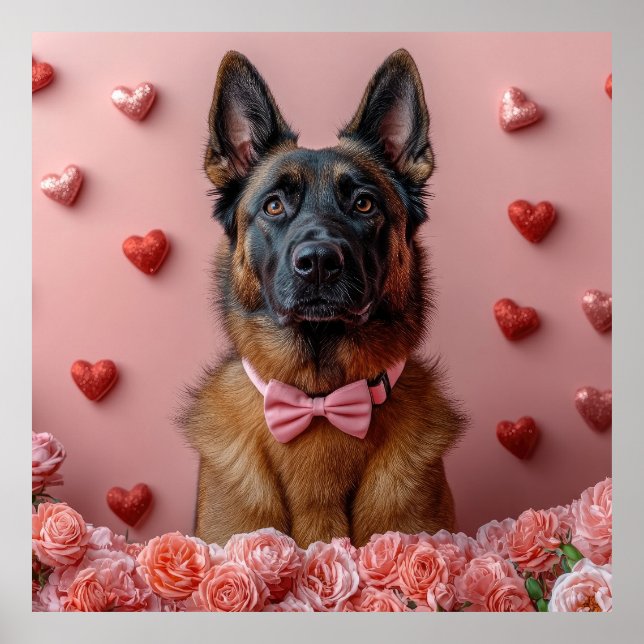 Belgisk Malinois med rosor - Alla hjärtans dag  Poster (Framsidan)