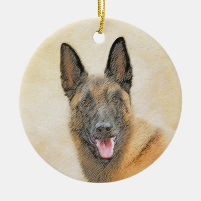 Belgisk malinois Painting - Cute Original Hund Art Julgransprydnad Keramik (Framsidan)