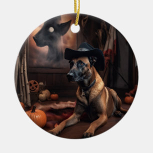 Belgisk Malinois Pumpa Halloween Skräck Julgransprydnad Keramik