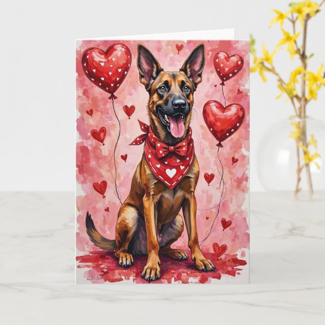 Belgisk Malinois Valentinesdag Hund med Hjärtan Kort (Gul blomma)