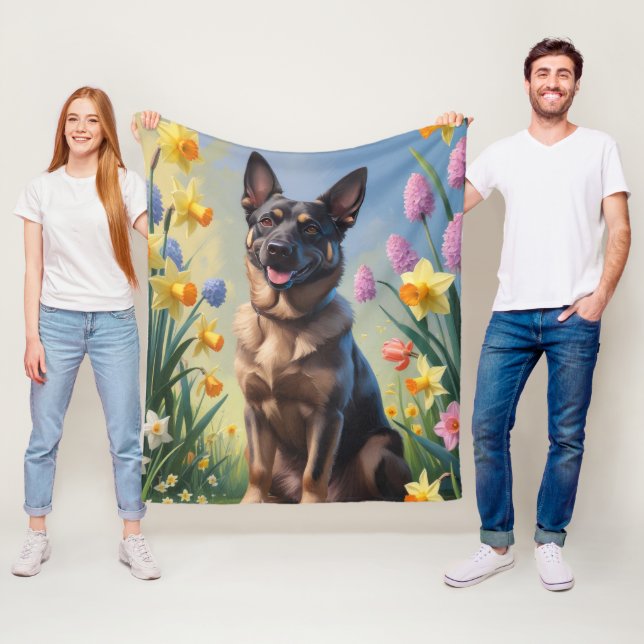 Belgisk Malinois Vår blommor Painting Fleecefilt (På plats)