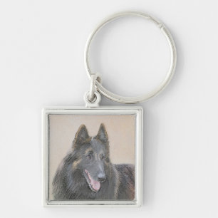 Belgisk Tervuren Painting - Cute Original Hund Art Fyrkantig Silverfärgad Nyckelring