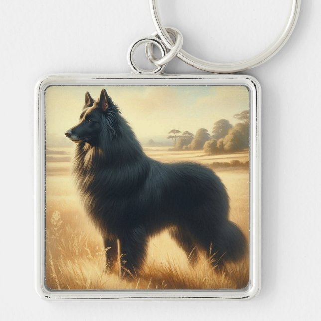 Belgisk vallhund fyrkantig silverfärgad nyckelring (Framsidan)