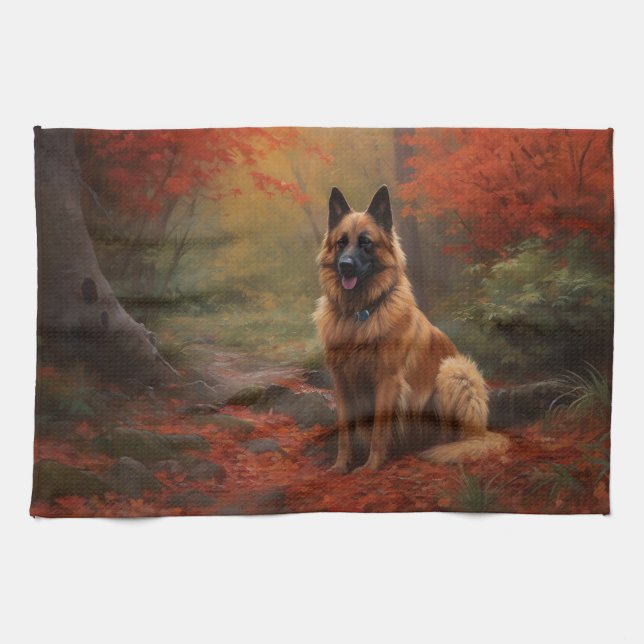 Belgisk vallhund i höstlöv Fall Inspire Kökshandduk (Horisontell)