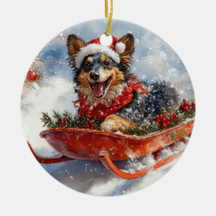 Belgisk vallhund i släde Låt det snöa jul Julgransprydnad Keramik