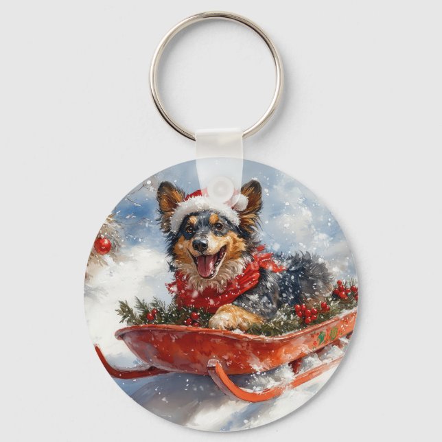 Belgisk vallhund i släde Låt det snöa jul Nyckelring (Framsida)