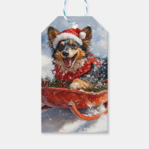 Belgisk vallhund i släde Låt det snöa jul Presentetikett