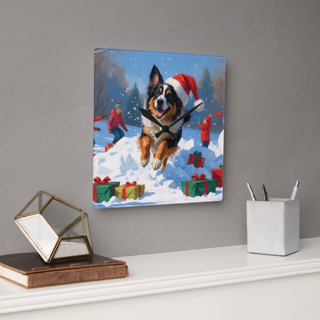 Belgisk vallhund Jul Festlig Snö Scen Fyrkantig Klocka (Kontor)