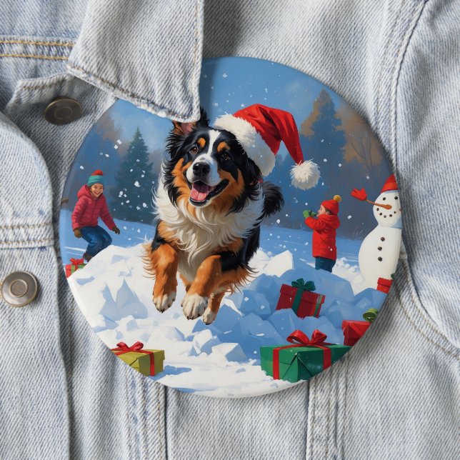 Belgisk vallhund Jul Festlig Snö Scen Knapp (In Situ)