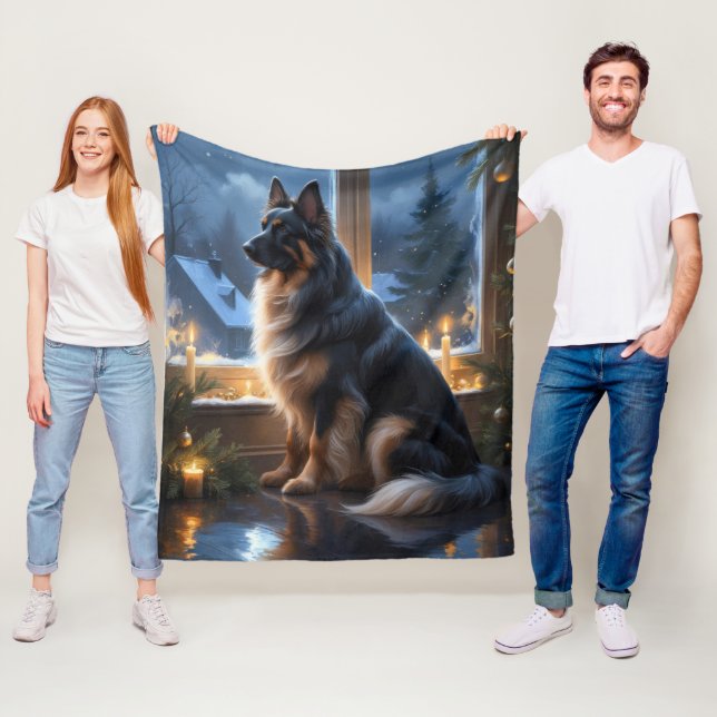 Belgisk vallhund med julbelysning firande fleecefilt (På plats)