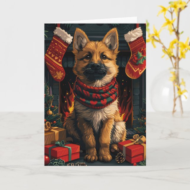 Belgisk vallhund med julklappar öppen spis kort (Gul blomma)