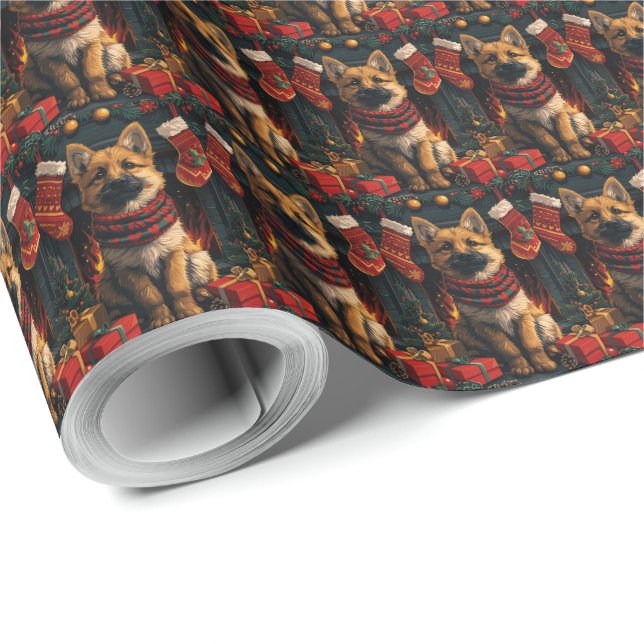 Belgisk vallhund med julklappar öppen spis presentpapper (Rulle Hörn)