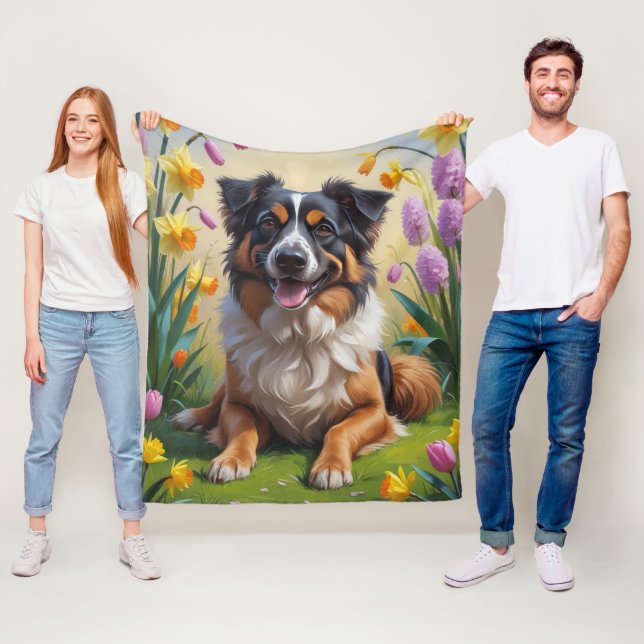 Belgisk vallhund vårblommor målning fleecefilt (På plats)