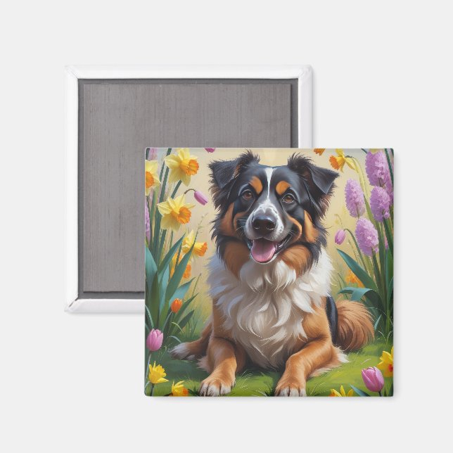 Belgisk vallhund vårblommor målning magnet (Front/Back)