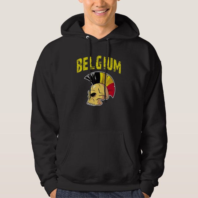Belgiska Flagga Mohawk Skull National Team Support Hoodie (Framsida)