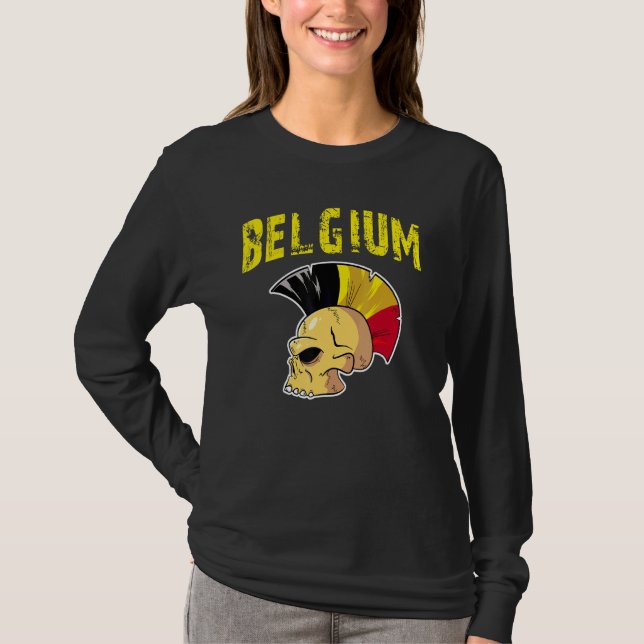 Belgiska Flagga Mohawk Skull National Team Support T Shirt (Framsida)