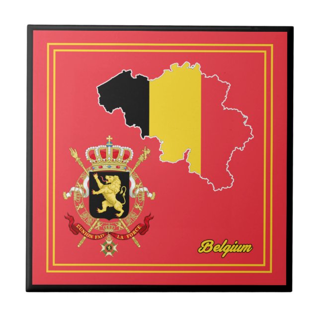 Belgiska Flagga och Emblem Tile Kakelplatta (Framsidan)