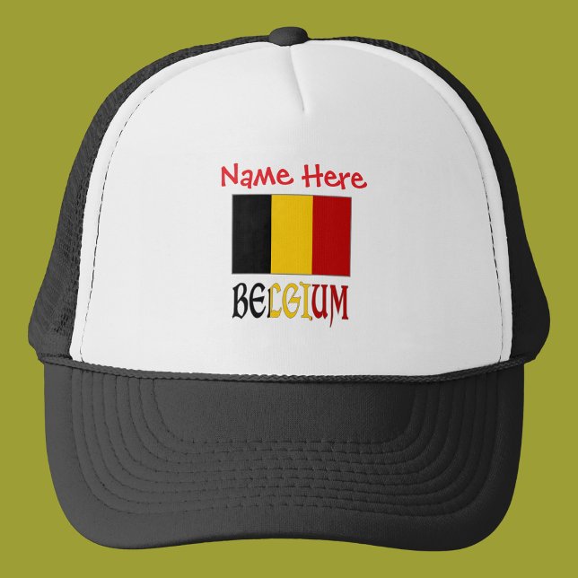 Belgiska Flagga Red Personlig Truckerkeps (Trucker hat with Belgian flag and the word BELGIUM in flag colors. Add name above.)