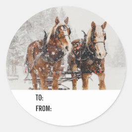 Belgiska Horse Team Wintery-julscenen Runt Klistermärke