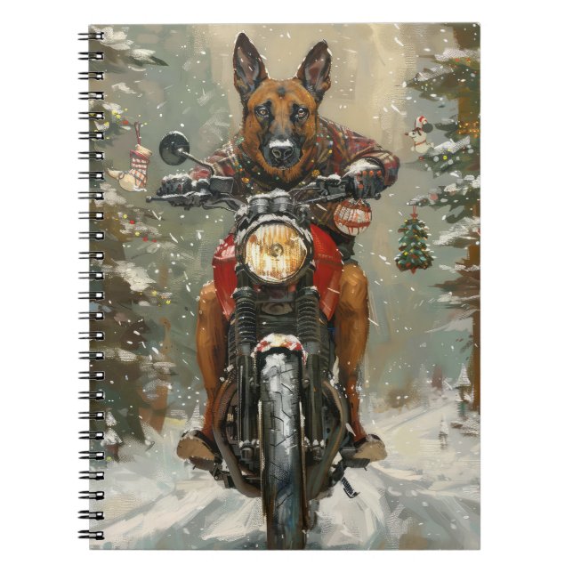 Belgiska Malinoi Dog Riding Motorcle jul Anteckningsbok (Framsidan)