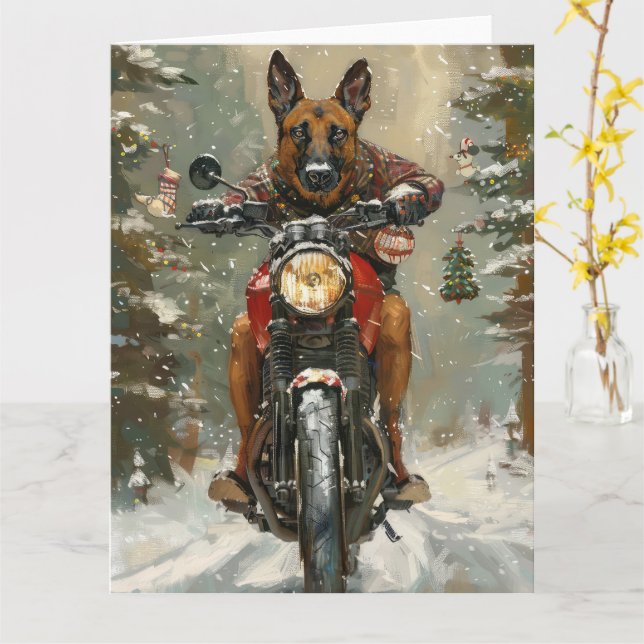 Belgiska Malinoi Dog Riding Motorcle jul Kort (Gul blomma)