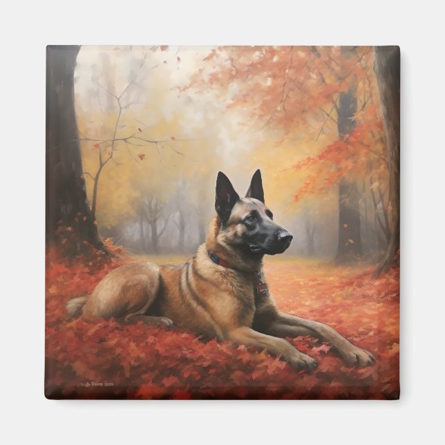 Belgiska Malinoi i Höst löv Fall Inspire Magnet (Framsidan)