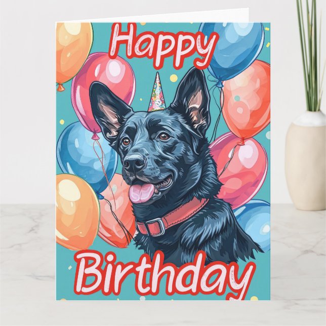 Belgiska Malinoi med Balloons Birthday Kort (Framsida)