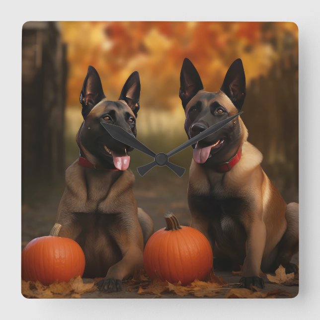 Belgiska Malinoi Puppy Autumn Delight Pumpkin Fyrkantig Klocka (Framsida)