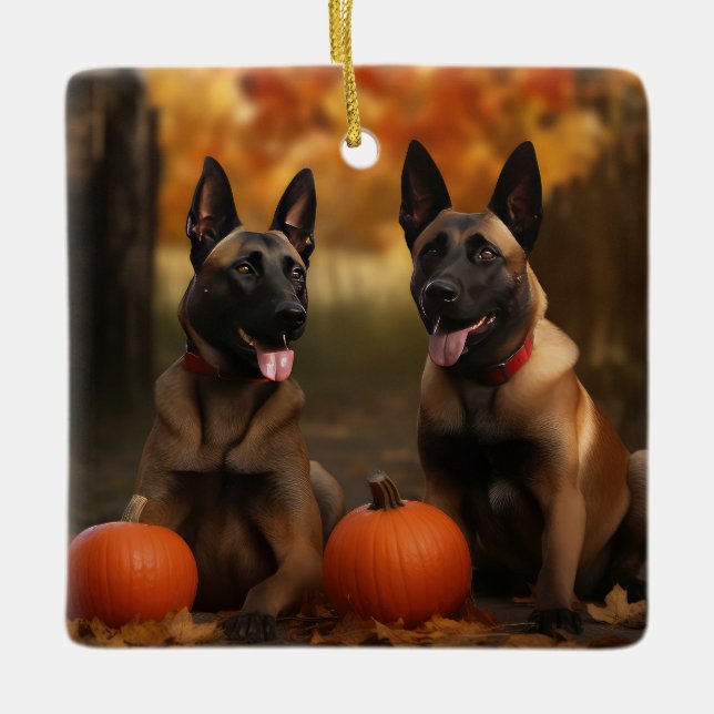 Belgiska Malinoi Puppy Autumn Delight Pumpkin Julgransprydnad Keramik (Framsida)