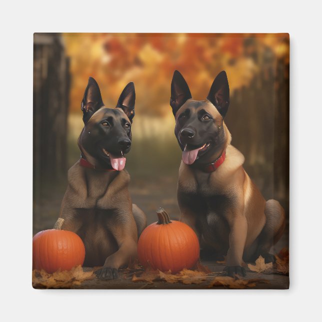 Belgiska Malinoi Puppy Autumn Delight Pumpkin Magnet (Framsidan)